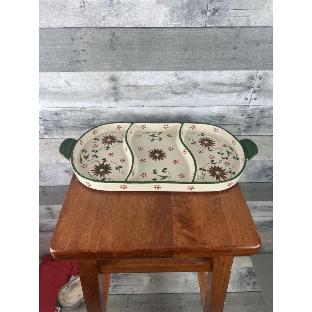 Temptations Old World Poinsetta 3-Divided Serving Tray Retired Pattern 17 in